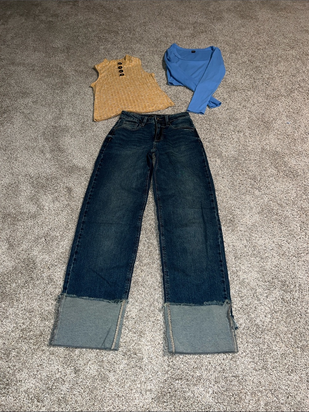 Wide Leg Dark Blue Jeans with Cuffed Hem and Two Tops